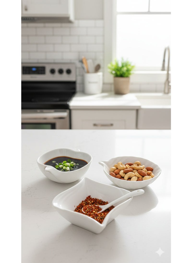 طقم بولات صوص سيراميك أبيض فاخر 6 قطع بتصميمات فنية متنوعة – أطباق صوص صغيرة لتقديم الصويا صوص والكاتشب والمايونيز – بولات تقديم للمقبلات والسوشي والتوابل والمكسرات – أوعية سيراميك أنيقة للضيافة والسفرة العصرية - Image 2